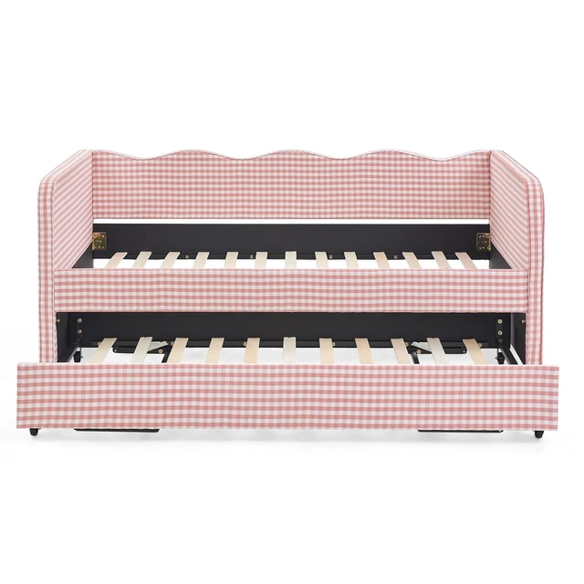 Alt view image 7 of 7 - Hassyee Twin Size Upholstered Daybed, Convertible Captain's Bed with PullOut Trundle & Side Storage Pockets, Platform Beds for Multiple Room Layouts and SmallSpace Living (Pink Twin)