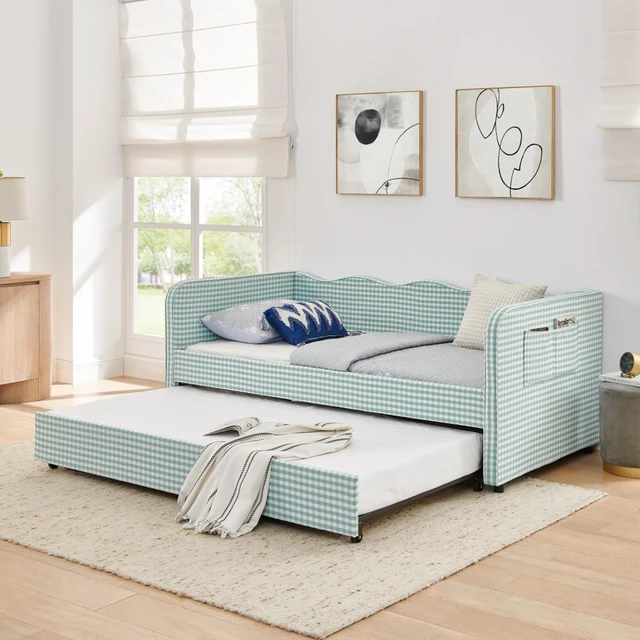 Main image of Hassyee Twin Size Upholstered Daybed, Convertible Captain's Bed with PullOut Trundle & Side Storage Pockets, Platform Beds for Multiple Room Layouts and SmallSpace Living (Cyan Twin)