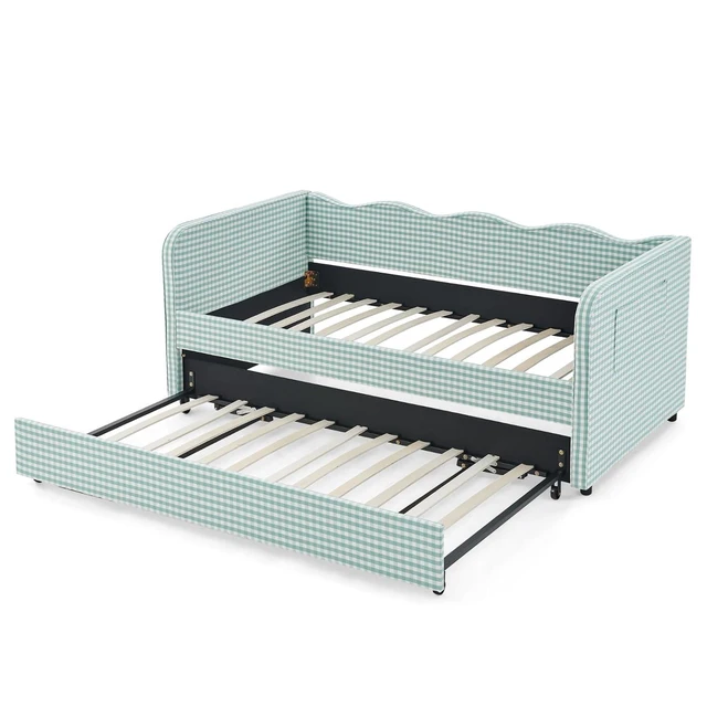Alt view image 6 of 7 - Hassyee Twin Size Upholstered Daybed, Convertible Captain's Bed with PullOut Trundle & Side Storage Pockets, Platform Beds for Multiple Room Layouts and SmallSpace Living (Cyan Twin)