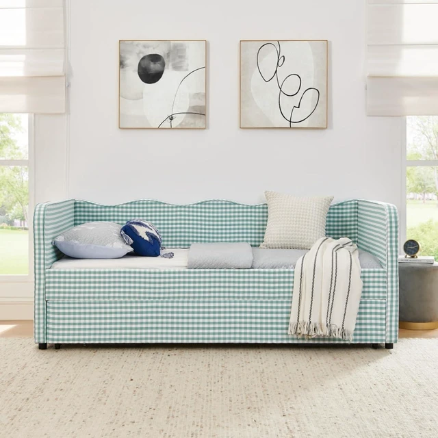 Alt view image 4 of 7 - Hassyee Twin Size Upholstered Daybed, Convertible Captain's Bed with PullOut Trundle & Side Storage Pockets, Platform Beds for Multiple Room Layouts and SmallSpace Living (Cyan Twin)