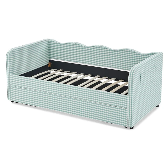 Alt view image 5 of 7 - Hassyee Twin Size Upholstered Daybed, Convertible Captain's Bed with PullOut Trundle & Side Storage Pockets, Platform Beds for Multiple Room Layouts and SmallSpace Living (Cyan Twin)