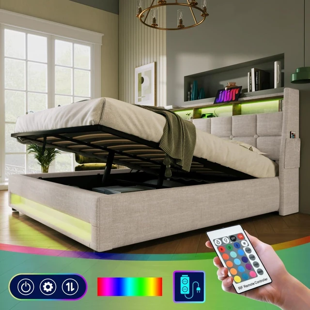 Alt view image 2 of 7 - Queen/Full Size Upholstered Platform Bed with Tufted Headboard, Hydraulic Lift Underbed Storage Bed with LED Light and USB Charging for Master Bedroom Guest Room, No Box Spring Needed (Natural Queen)