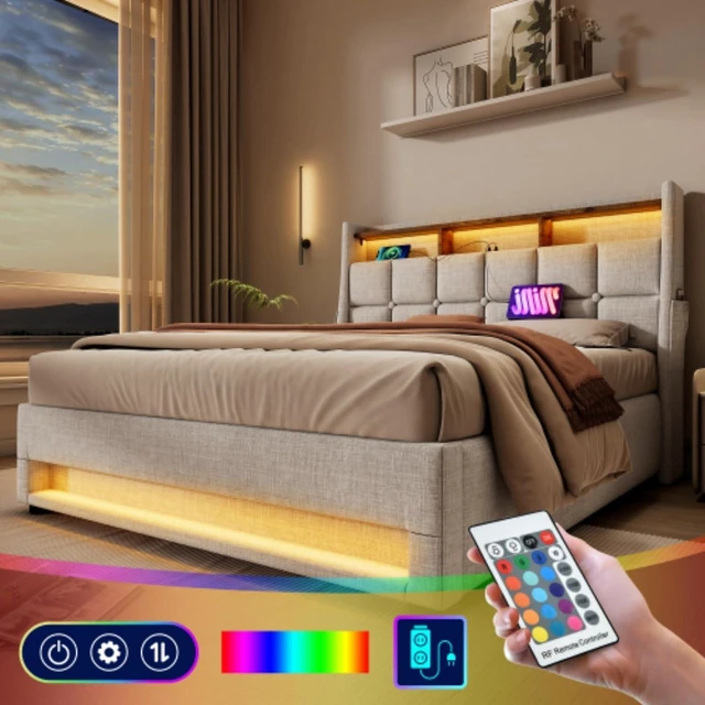 Alt view image 4 of 7 - Queen/Full Size Upholstered Platform Bed with Tufted Headboard, Hydraulic Lift Underbed Storage Bed with LED Light and USB Charging for Master Bedroom Guest Room, No Box Spring Needed (Natural Queen)