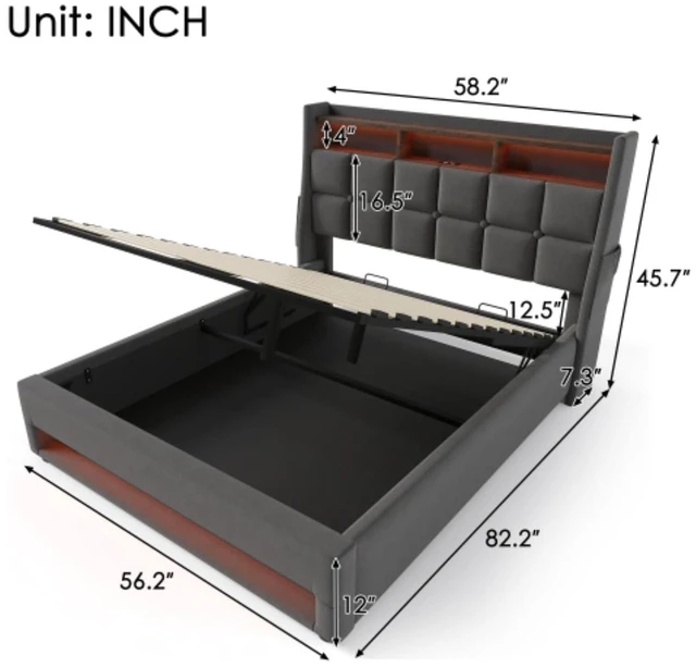 Alt view image 2 of 7 - Queen/Full Size Upholstered Platform Bed with Tufted Headboard, Hydraulic Lift Underbed Storage Bed with LED Light and USB Charging for Master Bedroom Guest Room, No Box Spring Needed (Grey Full)