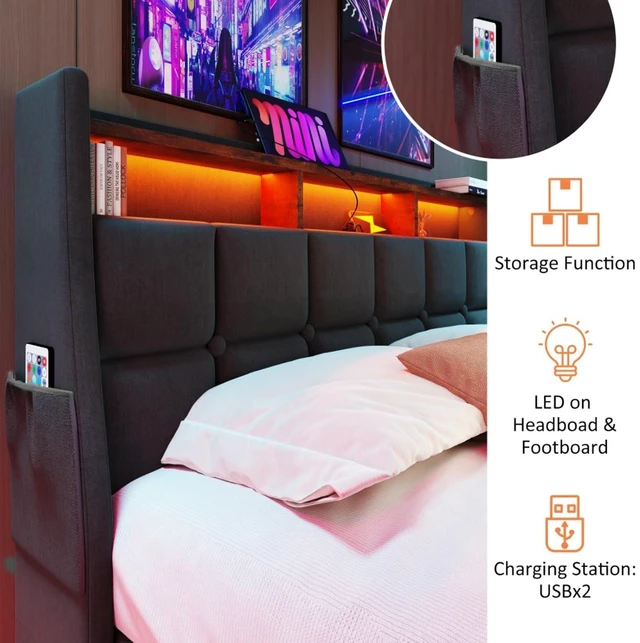 Alt view image 5 of 7 - Queen/Full Size Upholstered Platform Bed with Tufted Headboard, Hydraulic Lift Underbed Storage Bed with LED Light and USB Charging for Master Bedroom Guest Room, No Box Spring Needed (Grey Full)