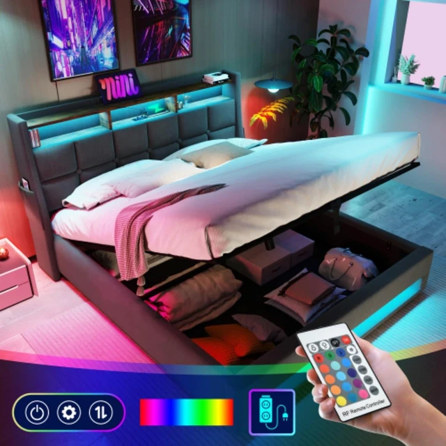 Alt view image 4 of 7 - Queen/Full Size Upholstered Platform Bed with Tufted Headboard, Hydraulic Lift Underbed Storage Bed with LED Light and USB Charging for Master Bedroom Guest Room, No Box Spring Needed (Grey Full)