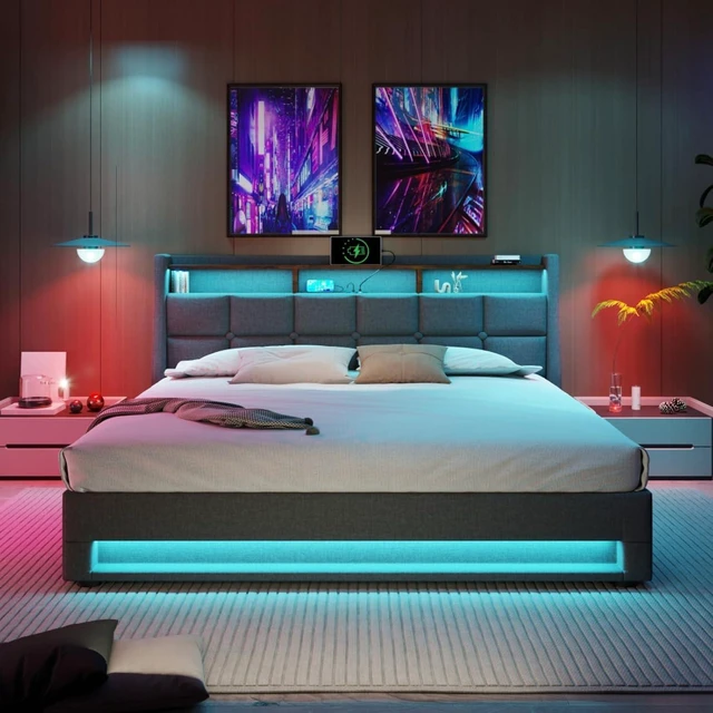 Alt view image 7 of 7 - Queen/Full Size Upholstered Platform Bed with Tufted Headboard, Hydraulic Lift Underbed Storage Bed with LED Light and USB Charging for Master Bedroom Guest Room, No Box Spring Needed (Grey Full)