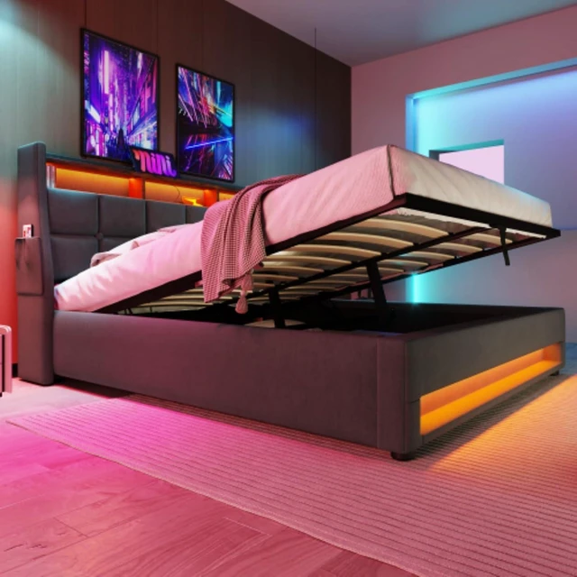 Alt view image 6 of 7 - Queen/Full Size Upholstered Platform Bed with Tufted Headboard, Hydraulic Lift Underbed Storage Bed with LED Light and USB Charging for Master Bedroom Guest Room, No Box Spring Needed (Grey Full)