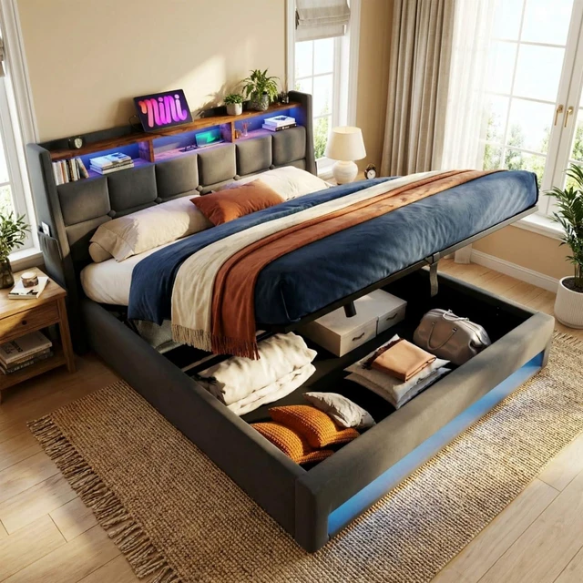 Main image of Queen/Full Size Upholstered Platform Bed with Tufted Headboard, Hydraulic Lift Underbed Storage Bed with LED Light and USB Charging for Master Bedroom Guest Room, No Box Spring Needed (Grey1 Full)