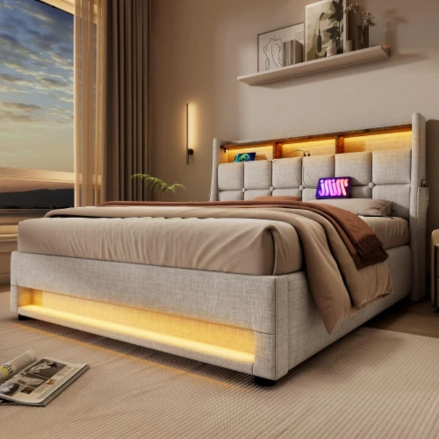 Alt view image 3 of 7 - Queen/Full Size Upholstered Platform Bed with Tufted Headboard, Hydraulic Lift Underbed Storage Bed with LED Light and USB Charging for Master Bedroom Guest Room, No Box Spring Needed (Natural Full)
