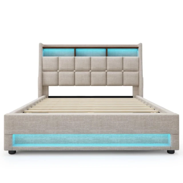 Alt view image 6 of 7 - Queen/Full Size Upholstered Platform Bed with Tufted Headboard, Hydraulic Lift Underbed Storage Bed with LED Light and USB Charging for Master Bedroom Guest Room, No Box Spring Needed (Natural Full)