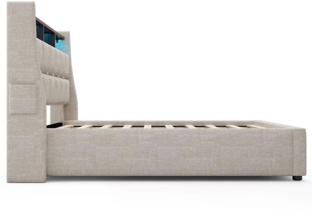 Alt view image 6 of 7 - Queen/Full Size Upholstered Platform Bed with Tufted Headboard, Hydraulic Lift Underbed Storage Bed with LED Light and USB Charging for Master Bedroom Guest Room, No Box Spring Needed (Natural1 Queen)