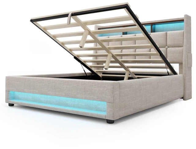 Alt view image 5 of 7 - Queen/Full Size Upholstered Platform Bed with Tufted Headboard, Hydraulic Lift Underbed Storage Bed with LED Light and USB Charging for Master Bedroom Guest Room, No Box Spring Needed (Natural1 Queen)