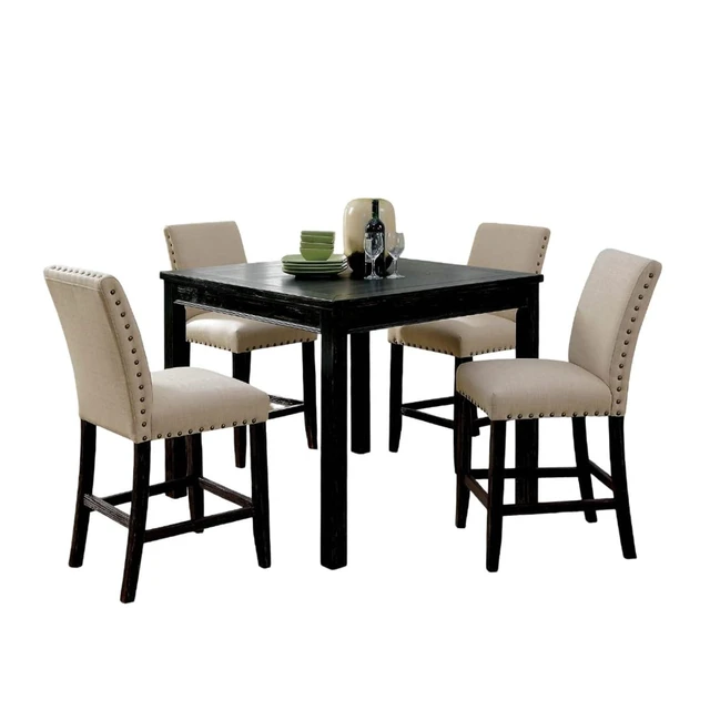 Alt view image 2 of 7 - Hassyee 5-Piece Dining Sets with Square Table and 4 Fabric Upholstered Chairs for Tavern Pub Bistro Home Restaurant, Vintage Kitchen Set with Nailhead Trim & Curved Backrest for 4