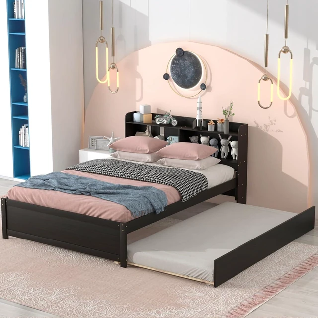 Alt view image 2 of 7 - Hassyee Twin/Full Size Platform Bed with Pull-Out Trundle, Panel Bedframe Mattress Base with Bookcase Headboard and Wooden Slats Support for Bedroom Guest Room, Quick Assembly (Espresso Full)