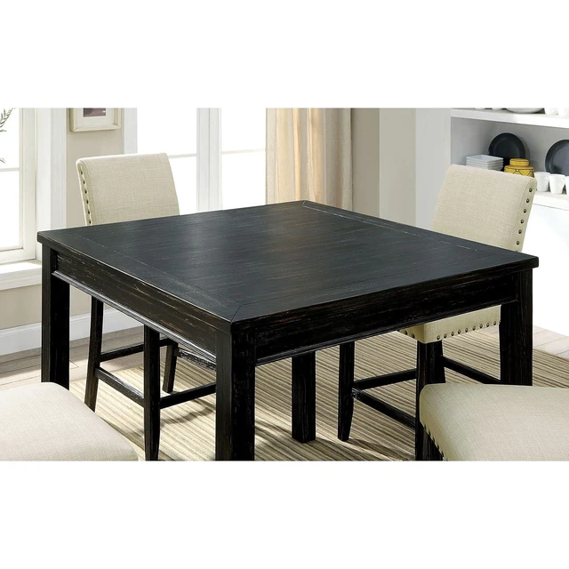 Alt view image 6 of 7 - Hassyee 5-Piece Dining Sets with Square Table and 4 Fabric Upholstered Chairs for Tavern Pub Bistro Home Restaurant, Vintage Kitchen Set with Nailhead Trim & Curved Backrest for 4
