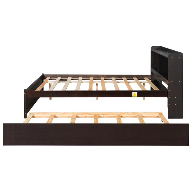 Alt view image 3 of 7 - Hassyee Twin/Full Size Platform Bed with Pull-Out Trundle, Panel Bedframe Mattress Base with Bookcase Headboard and Wooden Slats Support for Bedroom Guest Room, Quick Assembly (Espresso Full)