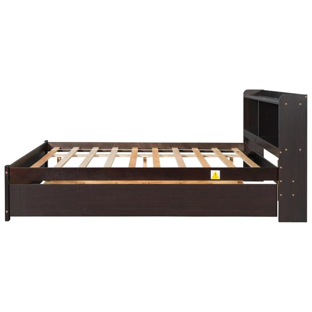 Alt view image 4 of 7 - Hassyee Twin/Full Size Platform Bed with Pull-Out Trundle, Panel Bedframe Mattress Base with Bookcase Headboard and Wooden Slats Support for Bedroom Guest Room, Quick Assembly (Espresso Full)
