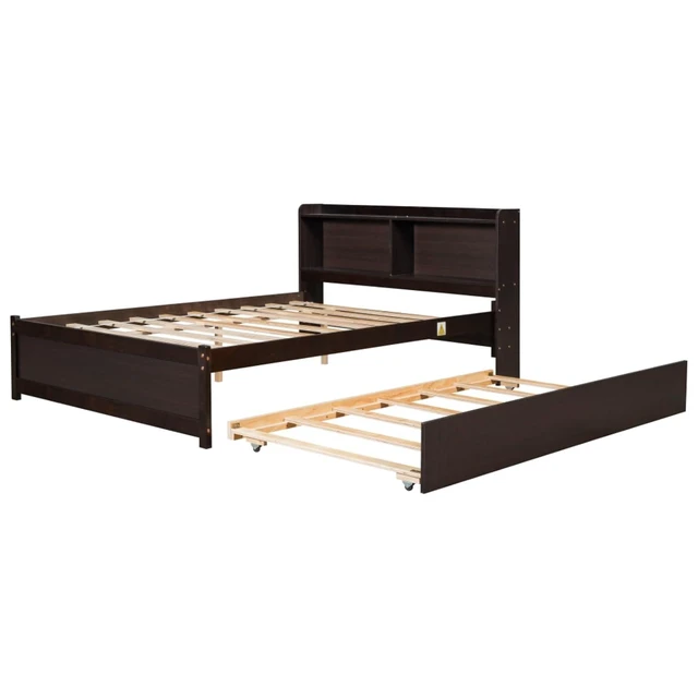 Alt view image 5 of 7 - Hassyee Twin/Full Size Platform Bed with Pull-Out Trundle, Panel Bedframe Mattress Base with Bookcase Headboard and Wooden Slats Support for Bedroom Guest Room, Quick Assembly (Espresso Full)
