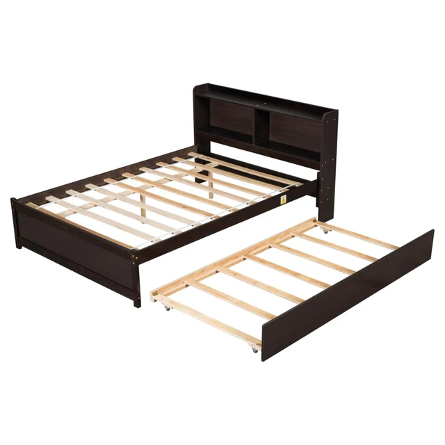 Alt view image 7 of 7 - Hassyee Twin/Full Size Platform Bed with Pull-Out Trundle, Panel Bedframe Mattress Base with Bookcase Headboard and Wooden Slats Support for Bedroom Guest Room, Quick Assembly (Espresso Full)