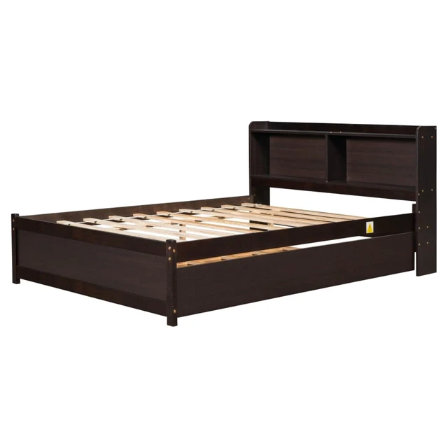 Alt view image 6 of 7 - Hassyee Twin/Full Size Platform Bed with Pull-Out Trundle, Panel Bedframe Mattress Base with Bookcase Headboard and Wooden Slats Support for Bedroom Guest Room, Quick Assembly (Espresso Full)