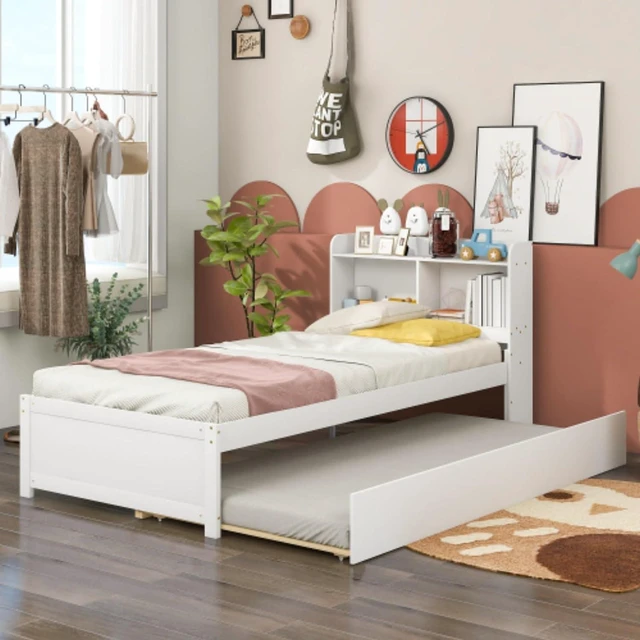 Main image of Hassyee Twin/Full Size Platform Bed with Pull-Out Trundle, Panel Bedframe Mattress Base with Bookcase Headboard and Wooden Slats Support for Bedroom Guest Room, Quick Assembly (White Twin)
