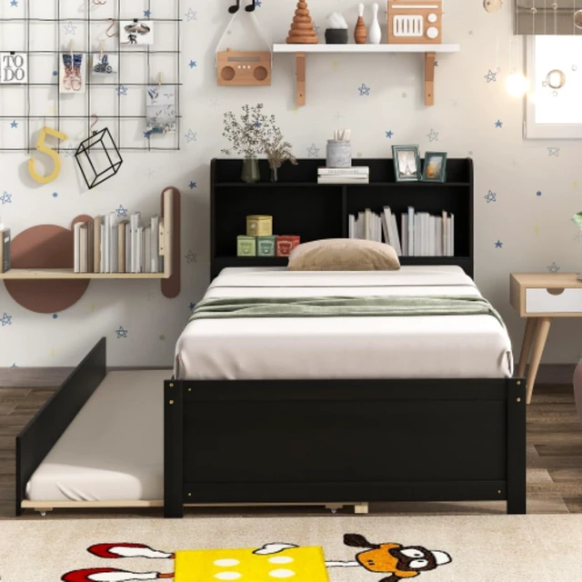 Alt view image 3 of 5 - Hassyee Twin/Full Size Platform Bed with Pull-Out Trundle, Panel Bedframe Mattress Base with Bookcase Headboard and Wooden Slats Support for Bedroom Guest Room, Quick Assembly (Espresso Twin)