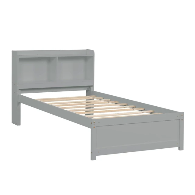 Alt view image 5 of 5 - Hassyee Twin/Full Size Platform Bed with Pull-Out Trundle, Panel Bedframe Mattress Base with Bookcase Headboard and Wooden Slats Support for Bedroom Guest Room, Quick Assembly (Grey Twin)
