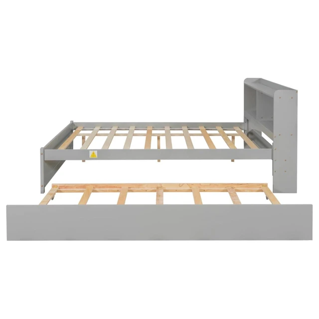Alt view image 3 of 7 - Hassyee Twin/Full Size Platform Bed with Pull-Out Trundle, Panel Bedframe Mattress Base with Bookcase Headboard and Wooden Slats Support for Bedroom Guest Room, Quick Assembly (Grey Full)