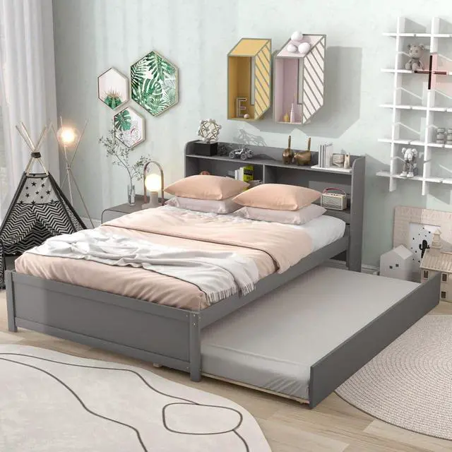Alt view image 2 of 7 - Hassyee Twin/Full Size Platform Bed with Pull-Out Trundle, Panel Bedframe Mattress Base with Bookcase Headboard and Wooden Slats Support for Bedroom Guest Room, Quick Assembly (Grey Full)