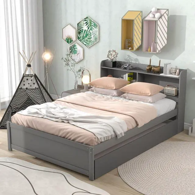 Main image of Hassyee Twin/Full Size Platform Bed with Pull-Out Trundle, Panel Bedframe Mattress Base with Bookcase Headboard and Wooden Slats Support for Bedroom Guest Room, Quick Assembly (Grey Full)