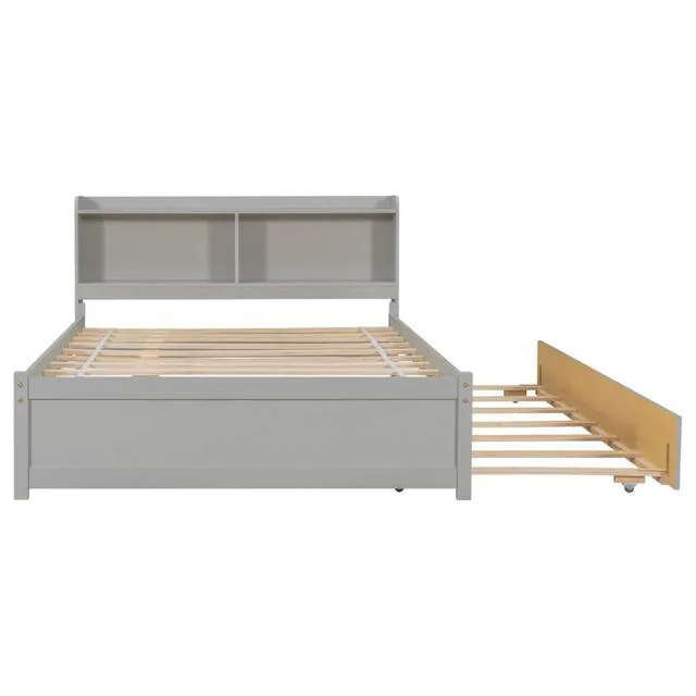 Alt view image 4 of 7 - Hassyee Twin/Full Size Platform Bed with Pull-Out Trundle, Panel Bedframe Mattress Base with Bookcase Headboard and Wooden Slats Support for Bedroom Guest Room, Quick Assembly (Grey Full)