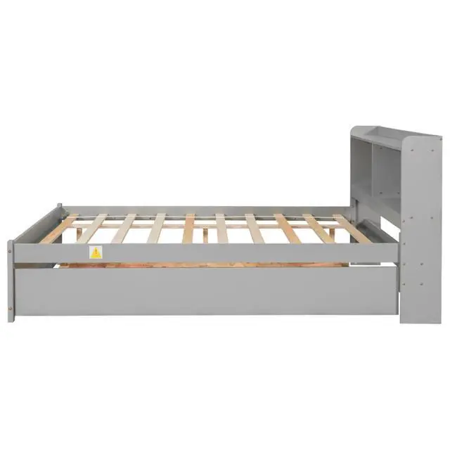 Alt view image 5 of 7 - Hassyee Twin/Full Size Platform Bed with Pull-Out Trundle, Panel Bedframe Mattress Base with Bookcase Headboard and Wooden Slats Support for Bedroom Guest Room, Quick Assembly (Grey Full)