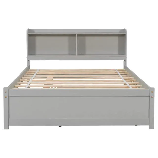 Alt view image 6 of 7 - Hassyee Twin/Full Size Platform Bed with Pull-Out Trundle, Panel Bedframe Mattress Base with Bookcase Headboard and Wooden Slats Support for Bedroom Guest Room, Quick Assembly (Grey Full)