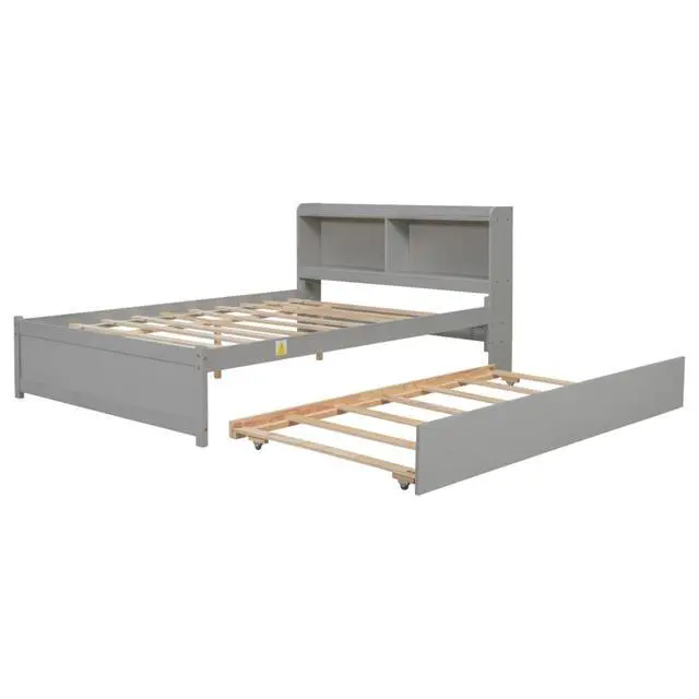 Alt view image 7 of 7 - Hassyee Twin/Full Size Platform Bed with Pull-Out Trundle, Panel Bedframe Mattress Base with Bookcase Headboard and Wooden Slats Support for Bedroom Guest Room, Quick Assembly (Grey Full)