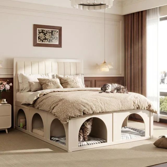 Main image of Hassyee Queen/Full Size Upholstered Platform Bed with Open Under-Bed Nook and Headboard, Panel Bedframe Mattress Base with Wooden Slats Support for Bedroom Apartment Guest Room (Beige Queen)