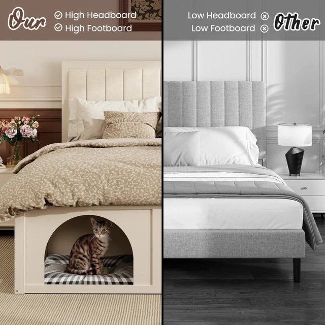 Alt view image 2 of 6 - Hassyee Queen/Full Size Upholstered Platform Bed with Open Under-Bed Nook and Headboard, Panel Bedframe Mattress Base with Wooden Slats Support for Bedroom Apartment Guest Room (Beige Queen)