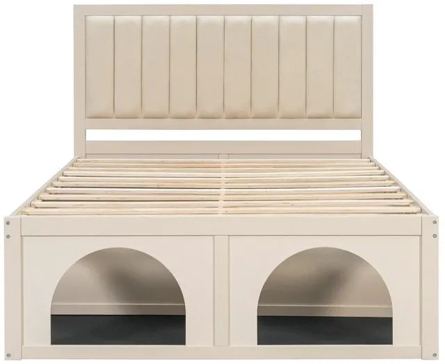 Alt view image 5 of 6 - Hassyee Queen/Full Size Upholstered Platform Bed with Open Under-Bed Nook and Headboard, Panel Bedframe Mattress Base with Wooden Slats Support for Bedroom Apartment Guest Room (Beige Queen)
