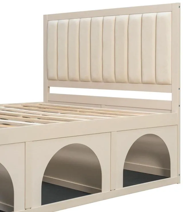 Alt view image 4 of 6 - Hassyee Queen/Full Size Upholstered Platform Bed with Open Under-Bed Nook and Headboard, Panel Bedframe Mattress Base with Wooden Slats Support for Bedroom Apartment Guest Room (Beige Queen)