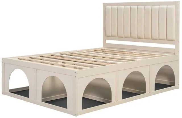 Alt view image 6 of 6 - Hassyee Queen/Full Size Upholstered Platform Bed with Open Under-Bed Nook and Headboard, Panel Bedframe Mattress Base with Wooden Slats Support for Bedroom Apartment Guest Room (Beige Queen)