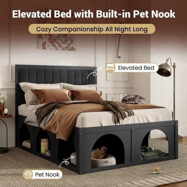 Alt view image 4 of 7 - Queen/Full Size Platform Bed with Pet-Friendly Space and Upholstered Headboard, Panel Bedframe Mattress Base with Open Under-Bed Nook and Wooden Slats Support for Bedroom Apartment (Black Queen)