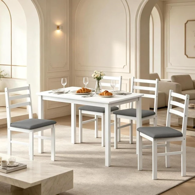 Alt view image 2 of 7 - Hassyee 5-Piece Dining Sets with Rectangular Table and 4 Ladder Back Chairs for Tavern Pub Bistro Home Restaurant, Farmhouse Kitchen Set with MDF Tabletop & Wood Frame for 4 (Gray)