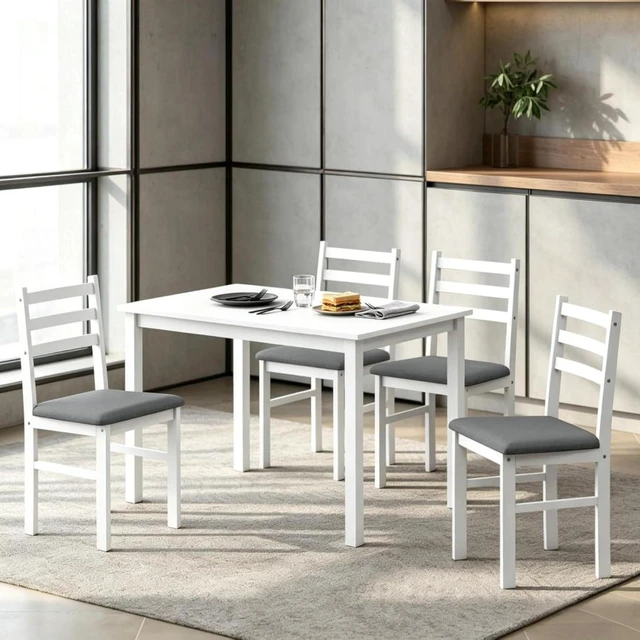 Alt view image 5 of 7 - Hassyee 5-Piece Dining Sets with Rectangular Table and 4 Ladder Back Chairs for Tavern Pub Bistro Home Restaurant, Farmhouse Kitchen Set with MDF Tabletop & Wood Frame for 4 (Gray)