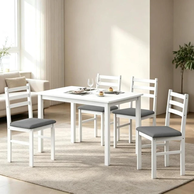 Alt view image 6 of 7 - Hassyee 5-Piece Dining Sets with Rectangular Table and 4 Ladder Back Chairs for Tavern Pub Bistro Home Restaurant, Farmhouse Kitchen Set with MDF Tabletop & Wood Frame for 4 (Gray)