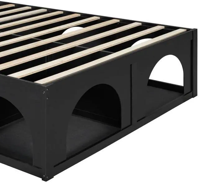 Alt view image 7 of 7 - Queen/Full Size Platform Bed with Pet-Friendly Space and Upholstered Headboard, Panel Bedframe Mattress Base with Open Under-Bed Nook and Wooden Slats Support for Bedroom Apartment (Black Queen)