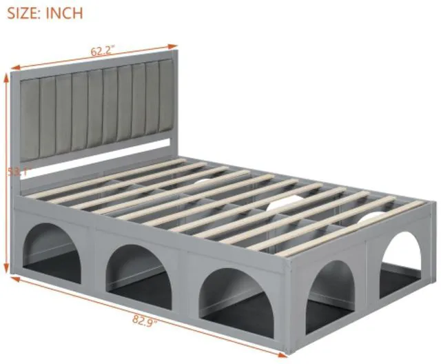 Alt view image 2 of 7 - Hassyee Queen/Full Size Upholstered Platform Bed with Open Under-Bed Nook and Headboard, Panel Bedframe Mattress Base with Wooden Slats Support for Bedroom Apartment Guest Room (Light Grey Full)