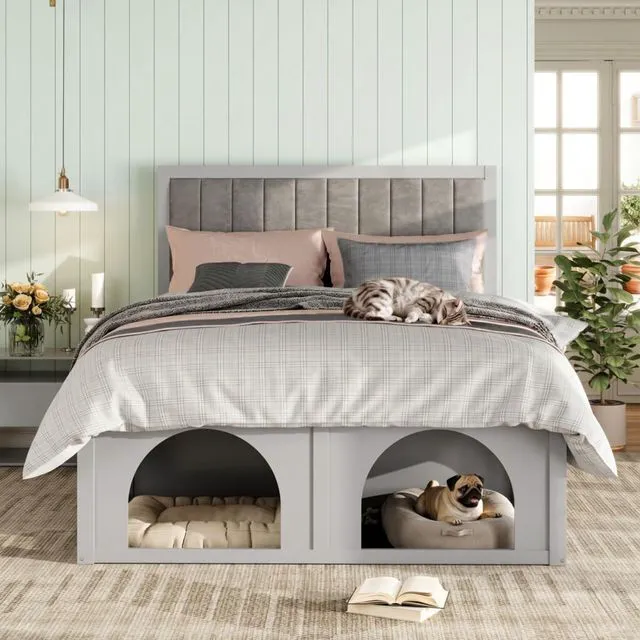 Alt view image 3 of 7 - Hassyee Queen/Full Size Upholstered Platform Bed with Open Under-Bed Nook and Headboard, Panel Bedframe Mattress Base with Wooden Slats Support for Bedroom Apartment Guest Room (Light Grey Full)
