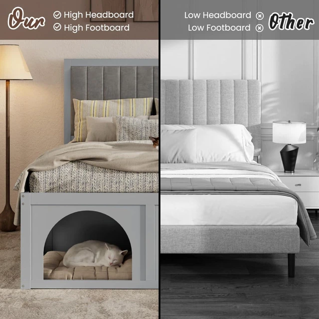 Alt view image 4 of 7 - Hassyee Queen/Full Size Upholstered Platform Bed with Open Under-Bed Nook and Headboard, Panel Bedframe Mattress Base with Wooden Slats Support for Bedroom Apartment Guest Room (Light Grey Full)