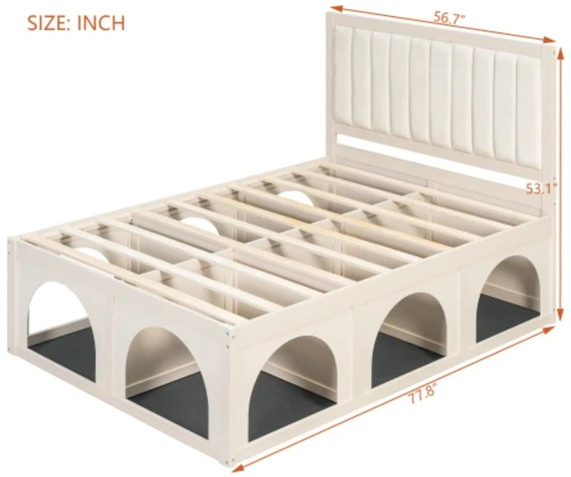 Alt view image 2 of 7 - Hassyee Queen/Full Size Upholstered Platform Bed with Open Under-Bed Nook and Headboard, Panel Bedframe Mattress Base with Wooden Slats Support for Bedroom Apartment Guest Room (Beige Full)