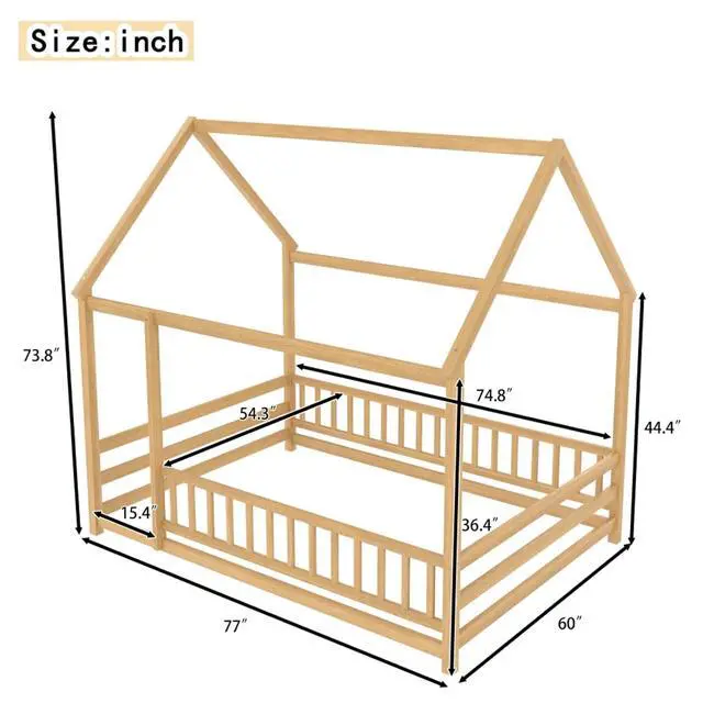 Alt view image 2 of 6 - Hassyee Twin/Full Size Wooden House Floor Bed with Fence Guardrails and Roof Frame, Sturdy Durable Open Montessori Bed, Cabin Beds for Boys Girls Teens Room Playroom Apartment Bedroom (Natural Full)